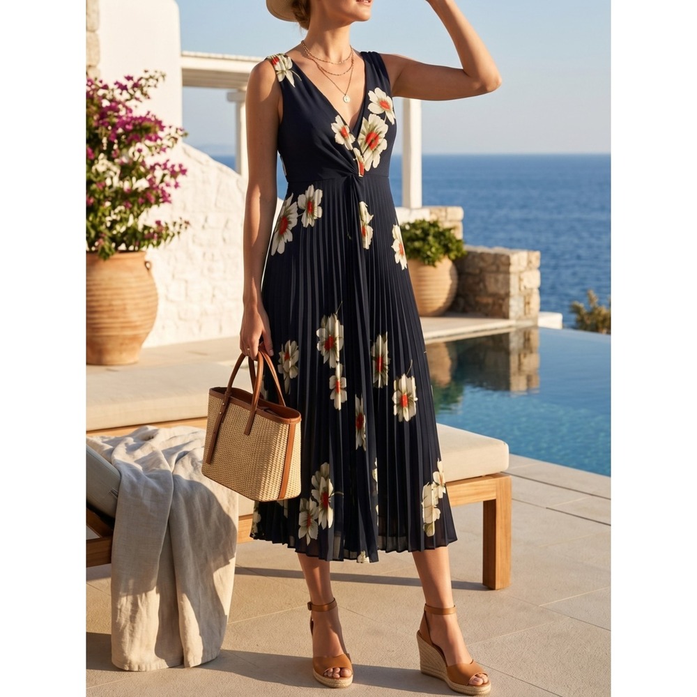 Vince Gardenia Floral Twist Front Pleated‎ Midi Dress Coastal Blue 2 4 6 $345